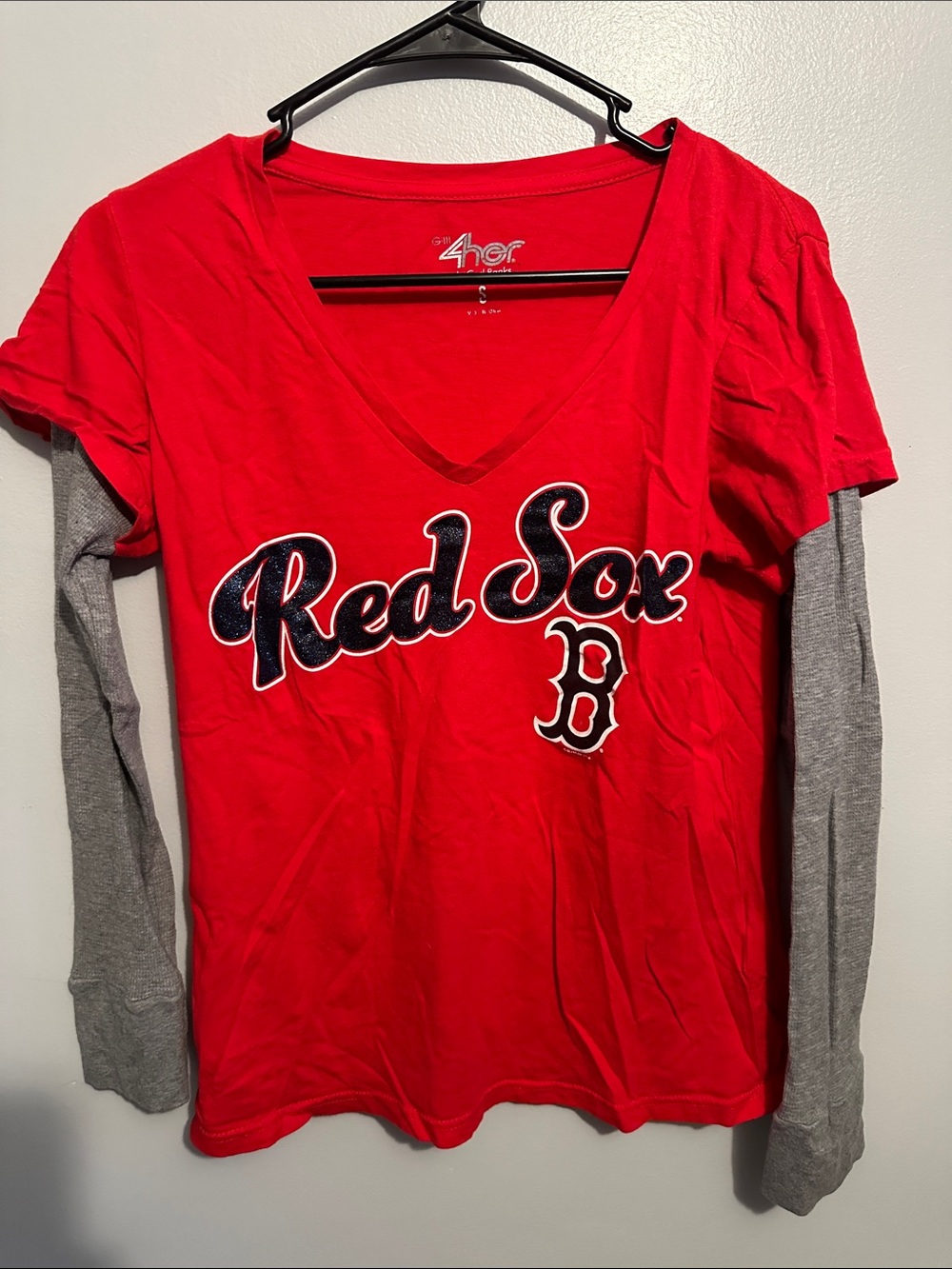 Boston Red Sox G-III 4Her Carl Banks Glitter V-Neck Layered Thermal Shirt Small